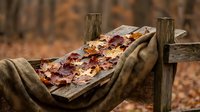 Autumn leaves scattered in rustic burlap hammock between wooden posts creating cozy fall seasonal display for outdoor relaxation and harvest decoration.