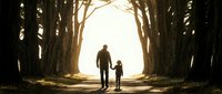 Father and child walking hand in hand through mystical tree tunnel toward bright light creating magical family bonding moment in enchanted forest pathway.