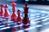 Red translucent chess pieces on digital data background representing business strategy, leadership and competitive intelligence in modern technology.