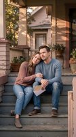 Young Caucasian couple sitting on wooden porch steps of suburban home during golden hour, woman leaning on man's shoulder, romantic lifestyle moment.