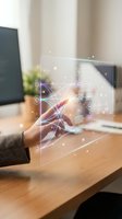 Businessman hand touching futuristic holographic interface with digital icons and network connections in modern office workspace for technology presentations.
