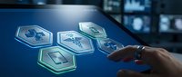 Healthcare professional interacting with digital medical interface displaying hexagonal icons for telemedicine and patient care management systems.