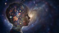 Human head silhouette filled with colorful educational symbols against cosmic space background representing learning, creativity and knowledge exploration.
