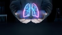 Businessman hands protecting glowing neon lungs hologram for respiratory health insurance medical care concept on dark background.