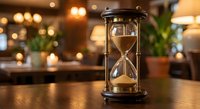 Vintage hourglass with golden sand on wooden table in warm cozy cafe interior with bokeh lights creating atmospheric ambiance for time management concepts.