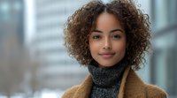 Young African American woman with natural curly hair smiling confidently, wearing brown coat and gray turtleneck sweater against blurred urban background.