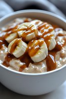 Fresh sliced bananas on creamy oatmeal topped with golden caramel sauce in white ceramic bowl, close-up view showing rich texture and glossy drizzle.