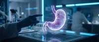 Medical professional examining holographic stomach anatomy in futuristic laboratory for healthcare technology and digestive system research applications.