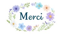 Watercolor floral wreath with Merci text in navy blue, featuring delicate purple, blue and peach flowers with green leaves on white background, isolated design.