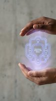 Hands of a dark-skinned person holding a glowing holographic emotional regulation model diagram, symbolizing mental health awareness and psychology education.