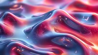 Vibrant red and blue liquid waves create dynamic abstract background with shimmering particles and glossy metallic surface texture for modern design projects.