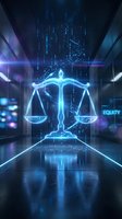 Futuristic digital justice scales hologram in blue neon light corridor with data streams for legal technology and artificial intelligence concepts.