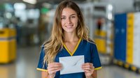 Young Caucasian female warehouse worker in blue uniform smiling while holding white envelope in modern logistics facility with yellow equipment.