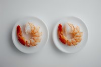 Fresh cooked shrimp served on two identical white plates against light background, minimalist food photography composition for restaurant menu design.
