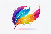 Vibrant multicolored feather with gradient colors from purple to orange, splashing watercolor effect on white isolated background, creative artistic design element.