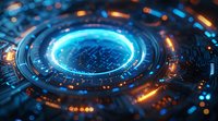 Futuristic glowing blue circular technology interface with orange light accents on dark circuit board background for digital concept designs.