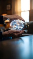 Hands protecting glowing brain with security icons representing mental health protection, cybersecurity, and cognitive wellness in warm office setting.