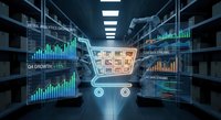 Digital shopping cart with holographic data analytics displays in futuristic warehouse environment for retail technology and e-commerce solutions.