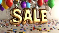 Gold foil balloons spelling SALE with colorful party balloons and scattered confetti on light surface, festive shopping promotion background for retail marketing.