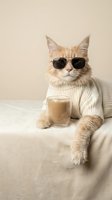 Cool orange tabby cat wearing sunglasses and knit sweater sitting with coffee cup on beige background for trendy pet lifestyle content.