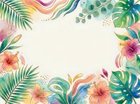 Watercolor tropical frame with hibiscus flowers and palm leaves in vibrant pastel colors, copy space in center for text or design.