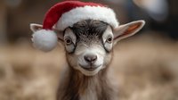 Baby goat wearing red and white Santa hat smiling at camera with blurred background, close up portrait of young domestic farm animal during winter holidays.