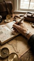 Male hand writing in vintage journal surrounded by antique travel maps, compasses, leather bag, and pocket watch on wooden desk by window.