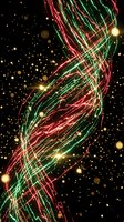 Glowing neon light waves in red, green, and gold swirl across a dark background with bokeh particles, creating an energetic abstract composition suitable for digital art, motion graphics, and modern design projects.