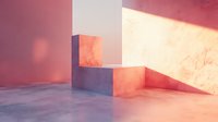 Minimalist architectural space with geometric steps in coral pink and peach tones, featuring dramatic shadows and light creating abstract composition.