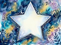 Watercolor star frame with cosmic galaxy background and botanical elements for greeting cards, invitations and celestial themed designs.