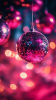 Sparkling disco ball reflecting pink and blue lights against blurred bokeh background creates nostalgic retro party atmosphere for nightclub and entertainment designs.