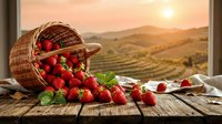 Fresh ripe strawberries spilling from wicker basket on rustic wooden table with vineyard landscape at golden sunset creating warm agricultural scene.