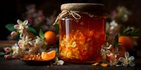 Homemade orange marmalade in glass jar with burlap lid, fresh citrus slices and spring blossoms on rustic wooden table for breakfast preserves and cooking.