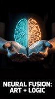 Hands holding glowing neon brain split into cyan circuit board and warm orange organic hemispheres against dark background, representing artificial intelligence and human creativity fusion for technology concepts.