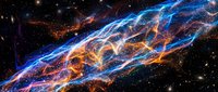Glowing blue and orange energy waves flow across dark space with stars, creating dynamic cosmic light trails and nebula-like patterns for astronomy and science backgrounds.