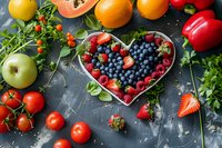 Fresh berries in heart-shaped bowl surrounded by colorful fruits and vegetables on dark background, promoting healthy eating and nutrition.