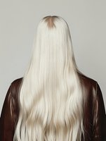 Back view of long platinum blonde hair with dark roots on woman wearing brown leather jacket against neutral background. Professional hair care and beauty concept.
