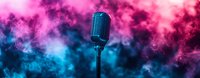 Vintage microphone silhouette against dramatic pink and blue smoke background, creating atmospheric music entertainment scene for karaoke or concert promotion.