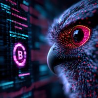 Digital eagle eye with glowing red cybernetic details against programming code background in neon blue and pink colors, representing artificial intelligence surveillance.