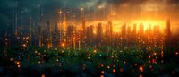 Futuristic cityscape silhouette against dramatic orange sunset sky with glowing lights, digital particles and bokeh effects creating atmospheric urban scenery.