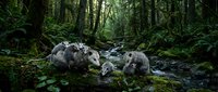 Wild wolf pack resting by forest stream surrounded by lush green vegetation and moss-covered rocks in natural woodland habitat.