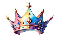 Colorful royal crown with gradient from pink to blue decorated with gems and stars, isolated on white background for design projects and creative use.