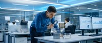 Professional businessman in blue shirt analyzing smartphone data in modern corporate office environment with colleagues working at computers in background.