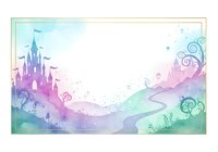 Pastel watercolor fairy tale castle landscape frame with copy space, silhouettes, and magical swirls for invitations and greeting cards.