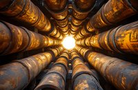 Upward view of rustic wooden whiskey barrels stacked in circular pattern creating dramatic tunnel perspective with light at center, showcasing aging process.