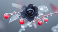 Dark rose with red berries and water drops on gray background, artistic nature macro photography with selective focus and bokeh effect creates moody atmosphere.