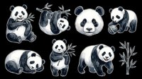 Cute panda bear clipart set with bamboo, isolated on transparent background, ready for stickers, t-shirt design, print on demand, and sublimation projects.
