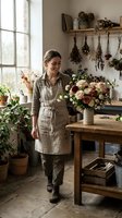 Female florist arranging fresh roses and cream flowers in ceramic vase at wooden workbench in bright studio with dried botanicals and potted plants.