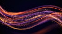 Abstract flowing waves with glittering particles in purple and gold colors on dark background for modern digital design and luxury branding projects.