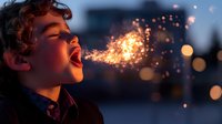Young boy blowing magical glowing sparkles in evening light with bokeh background, creating dreamy atmosphere and capturing childhood wonder and imagination.